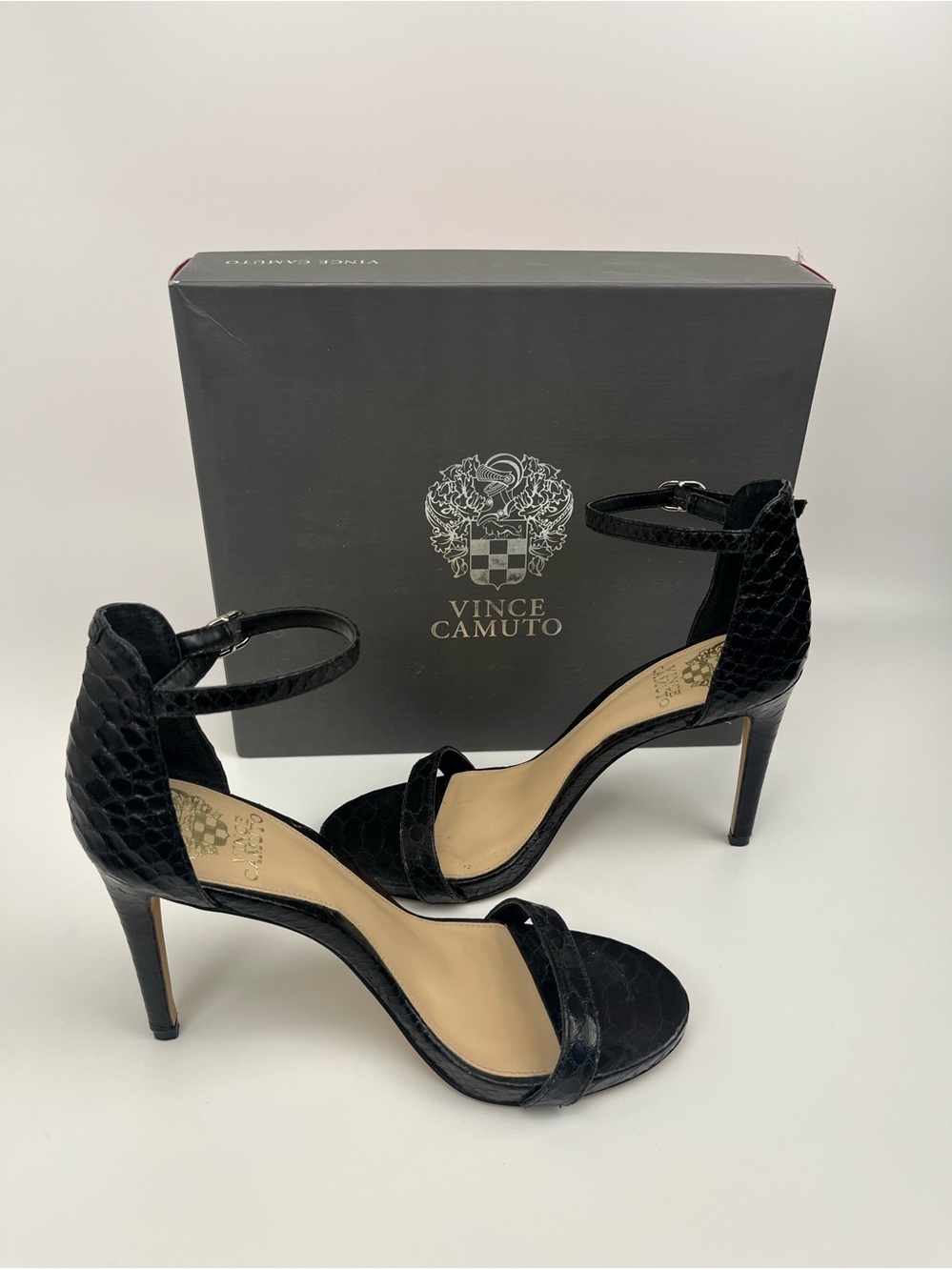 Vince Camuto Black Textured Ankle-Strap Stiletto Sandals